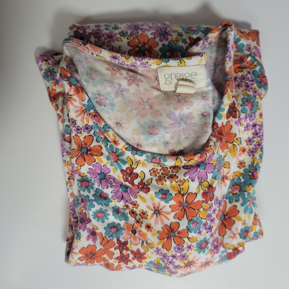 Greige Floral Tiered Cottage Dress Sz L Stretch Boho Lightweight Feminine Summer - Picture 7 of 8
